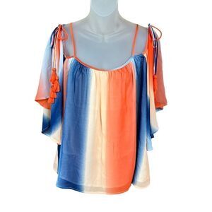 entro Cold Shoulder Top Orange Blue Ivory Short Bell Sleeves Tassel Ties Medium